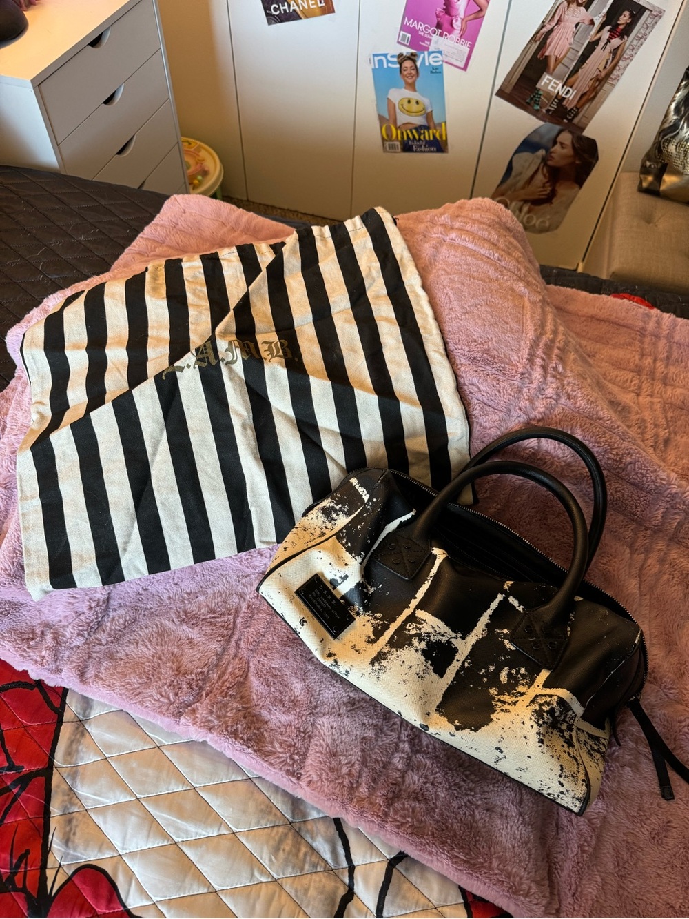 L.A.M.B. Black & White Paint-Splatter Leather Satchel